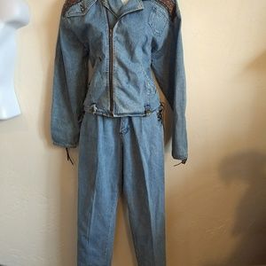 Vintage Denim Jeat Matched Set Moto Jacket Pants